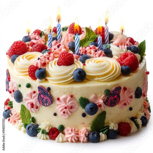 Colorful birthday cake decorated with candles and frosting for a festive cele...