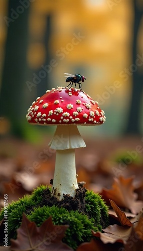 Fly agaric mushroom in autumn forest landscape, AutumnColors, ForestLandscape photo