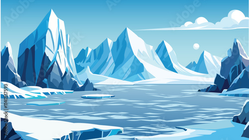 A vector-style cartoon Arctic scene featuring an iceberg, sea, hills, and snowy mountains. It could represent Greenland, the Arctic, or Antarctica, highlighting the effects of global warming.