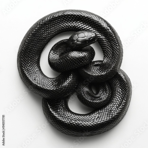 Black snake coiling elegantly on a plain white surface capturing attention an...