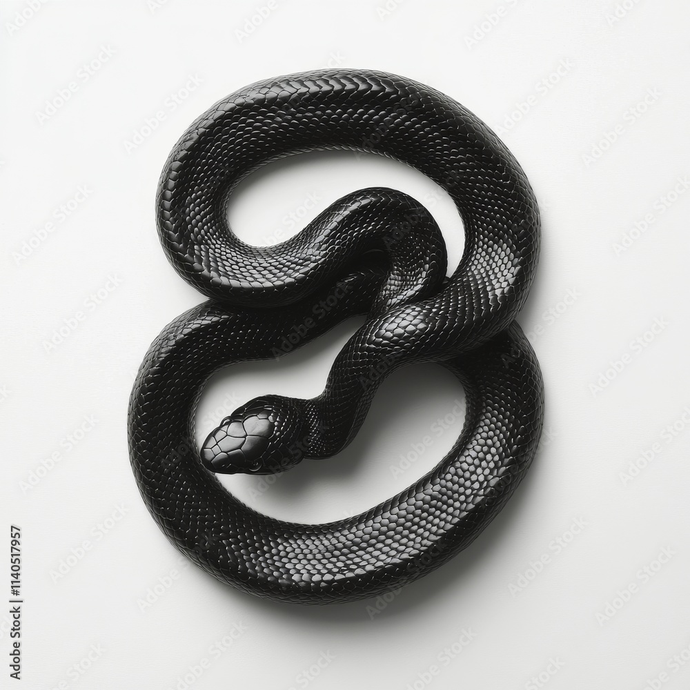 Obraz premium Black snake coiling elegantly on a plain white surface capturing attention and intrigue