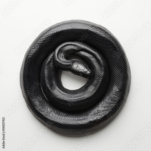 Black snake coiling elegantly on a plain white surface capturing attention an...