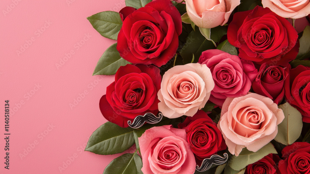 Valentine's Mustache concept. Vibrant red and pink roses with playful mustache accents on pink background Valentine's Mustache concept. Vibrant red and pink roses with playful mustache accents on pink background