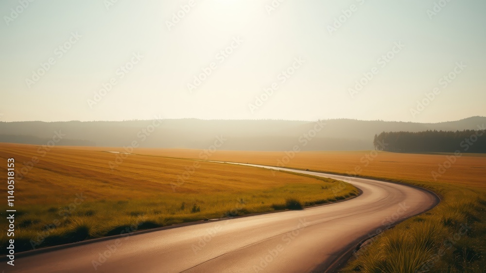 Serene Rural Asphalt Road Winding Through Golden Field at Dawn Serene Rural Asphalt Road Winding Through Golden Field at Dawn