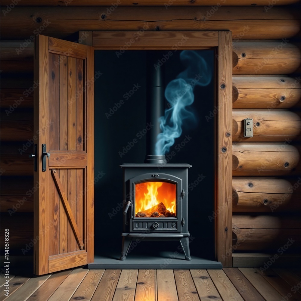 Smoke curls out from under a wooden cabin door, fireplace, smoke Smoke curls out from under a wooden cabin door, fireplace, smoke