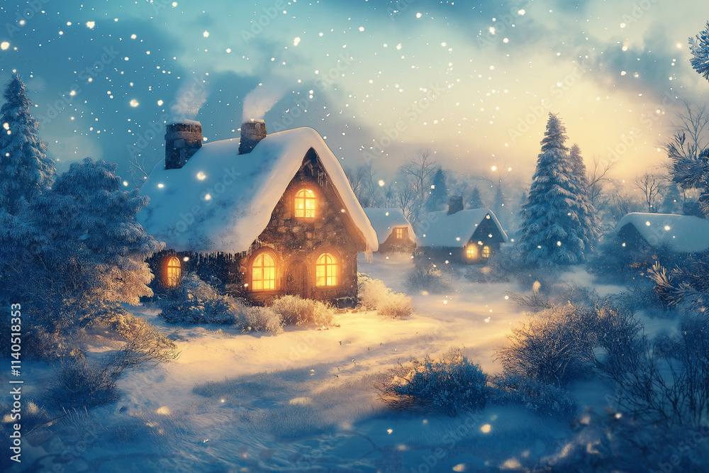 Naklejka premium Snowy countryside retreat glowing warmly through the winter evening. Generative AI