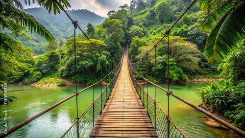 Suspension bridge crossing river in jungle with forced perspective