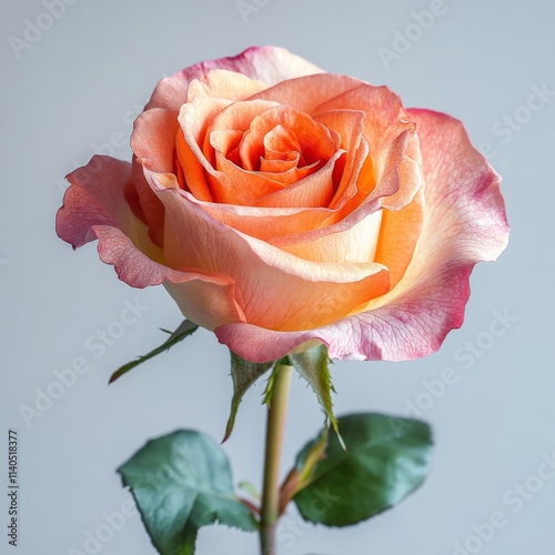 Beautiful orange and pink rose showcasing vibrant petals and green leaves