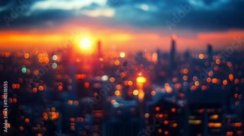 Vibrant city lights sparkle during sunset reflecting on modern skyscrapers
