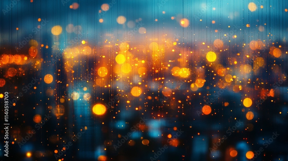 Fototapeta premium Vibrant city lights sparkle during sunset reflecting on modern skyscrapers