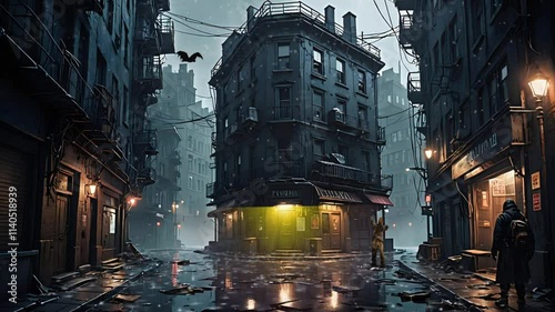 Atmospheric digital painting of a solitary figure standing outside a dimly lit building on a rainy night in a dark, possibly dystopian city.