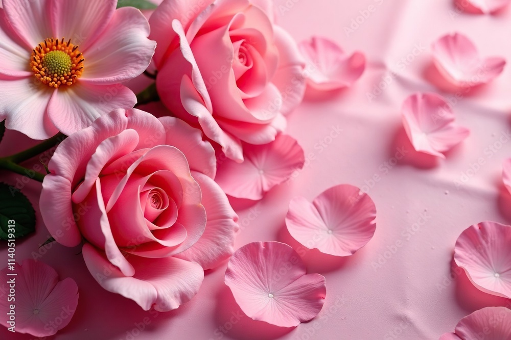Fototapeta premium Softly glowing rose petals on a crumpled pink background, flowers, feminine, blossoms