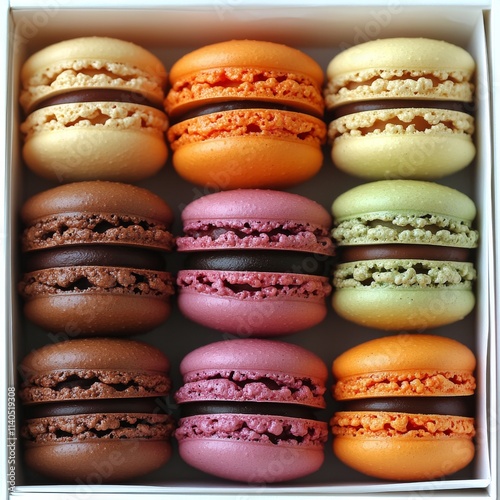 Colorful macarons arranged beautifully in a box capturing sweet flavors and t...