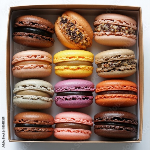 Colorful macarons arranged beautifully in a box capturing sweet flavors and t...