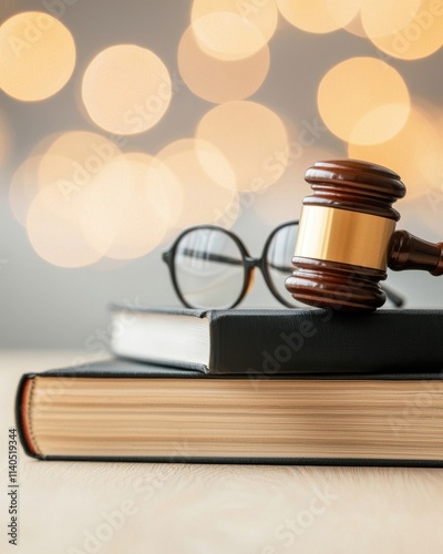 Wooden gavel placed on stacked legal books with spectacles behind, representing justice, law, and legal practice with a soft, bokeh background photo