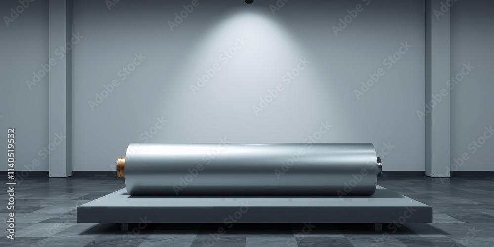 Obraz premium A metallic roll displayed on a minimalist platform under a single spotlight in a modern gallery setting