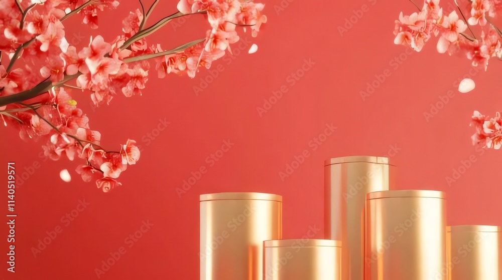 Golden cylinders on red background with pink cherry blossoms.
