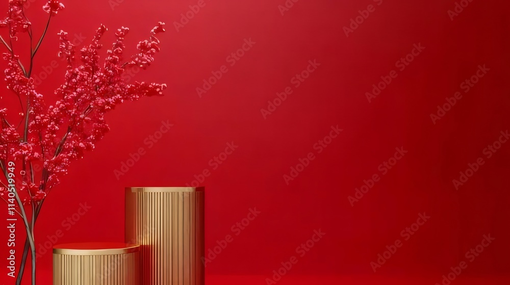 Red background with golden podium and red plant. Red background with golden podium and red plant.
