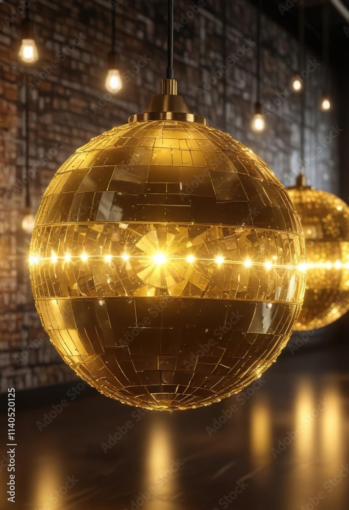Obraz premium Glowing yellow gold disco ball with intricate light bulbs background, yellow gold, abstract art