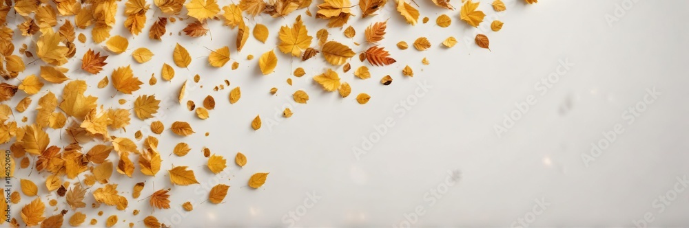 Golden autumn leaves scattered on a pristine white background , seasonal change, leaf landscape Golden autumn leaves scattered on a pristine white background , seasonal change, leaf landscape