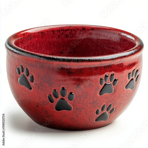 Ceramic pet food bowl featuring paw print design in vibrant red color suitabl...