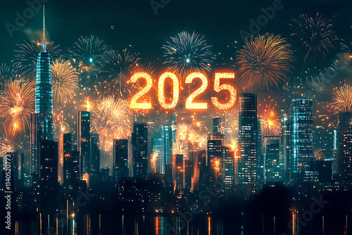 Happy New Year 2025 Text in Bold Glowing Letters for a Festive Celebration. photo