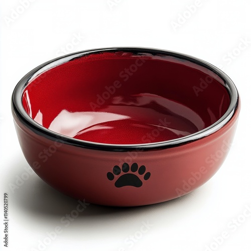 Ceramic pet food bowl featuring paw print design in vibrant red color suitabl...