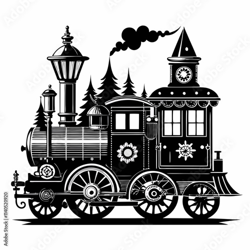 Wallpaper Mural Steampunk Christmas Victorian vintage steam engine train Black silhouette Torontodigital.ca