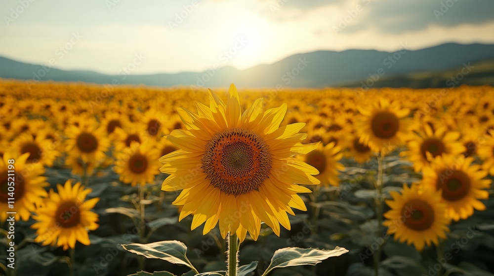 Obraz premium Sunflower field during golden hour with mountains in the background and vibrant blooms