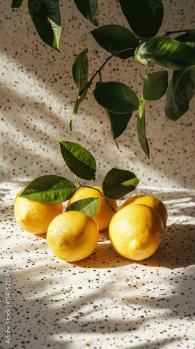 Fresh lemons resting on a speckled surface with green leaves casting shadows
