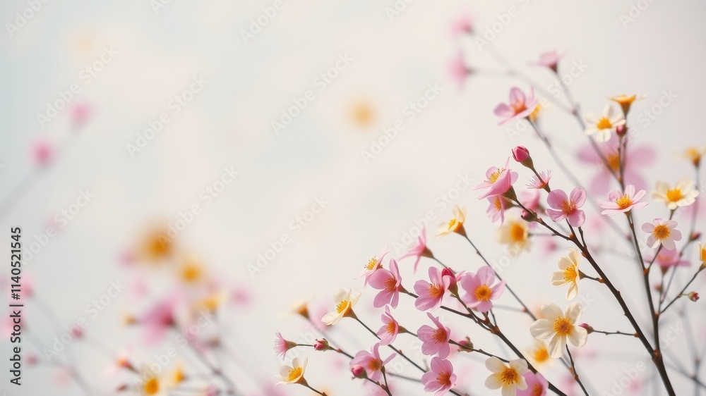 Fototapeta premium Delicate Pink and Yellow Blossoms on Slender Branches Against a Soft, Light Background