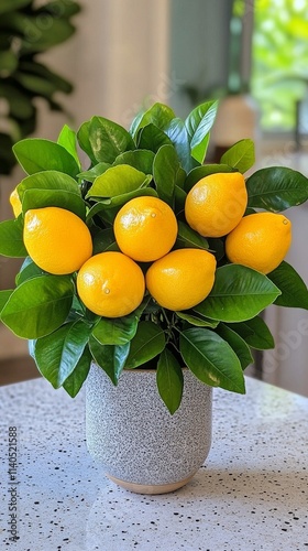 Fresh lemons resting on a speckled surface with green leaves casting shadows