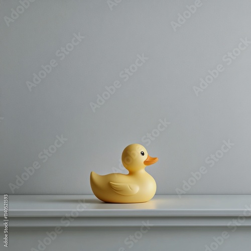 Colorful yellow rubber duck toy floating on a white background during a playf...