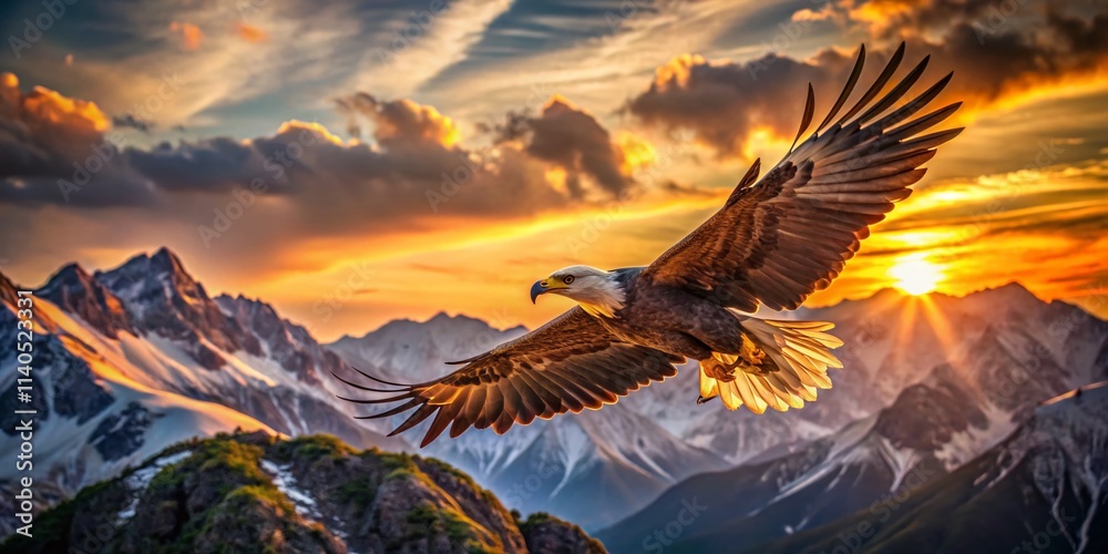 Obraz premium Majestic Eagle Soaring Above Mountain Peaks: Breathtaking Candid Wildlife Photography