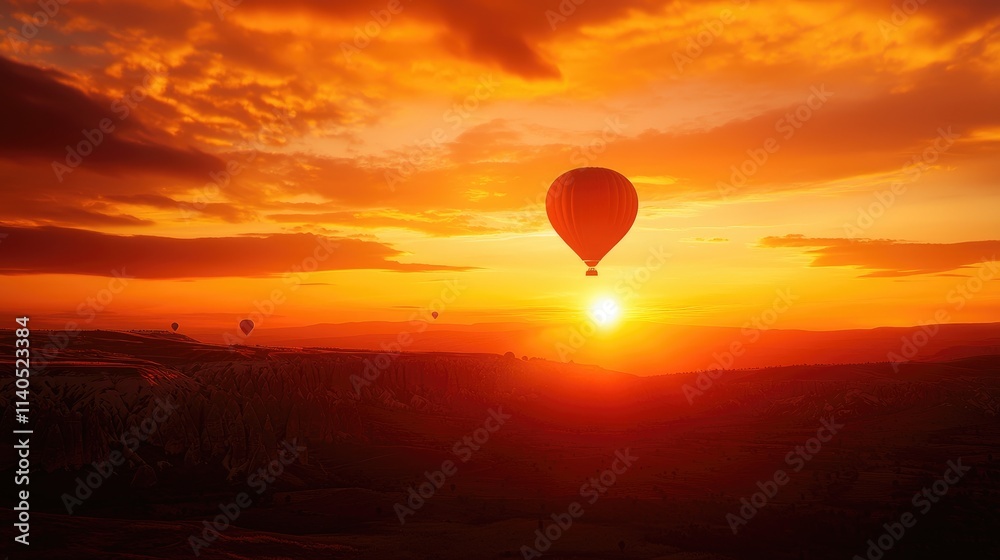 Hot Air Balloons Soaring at Dusk Over Scenic Mountain Landscape Hot Air Balloons Soaring at Dusk Over Scenic Mountain Landscape