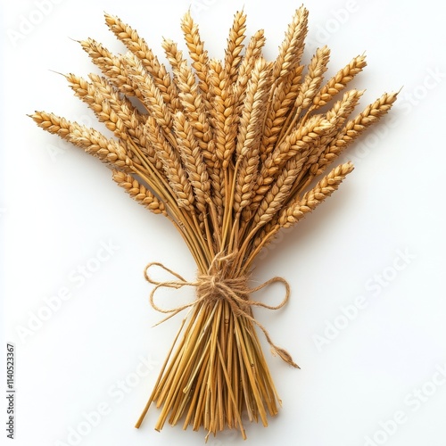 Rustic bundle of golden wheat stalks tied with twine displayed against a clea...