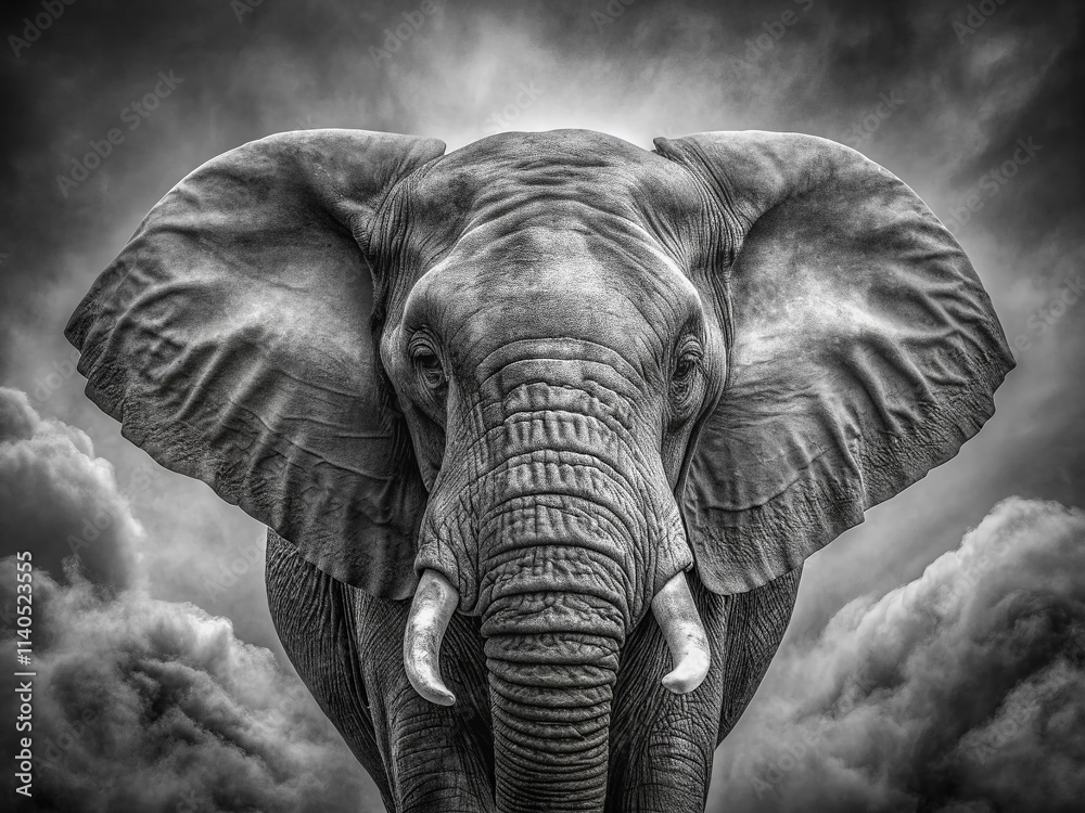 Naklejka premium Majestic Elephant in Black and White Photography, Rule of Thirds Composition, Wildlife, African Elephant, Nature