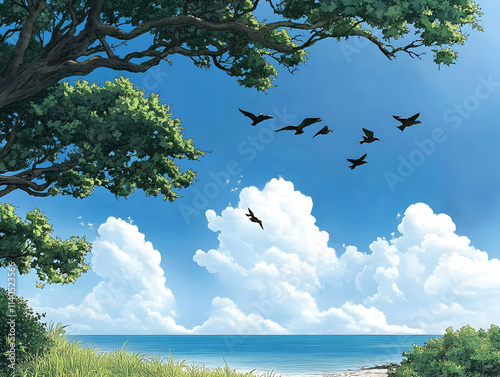 Ocean View Illustration: Birds, Sky, Trees