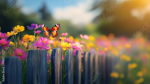 Butterflies feeding on blue flowers in a serene garden at dusk