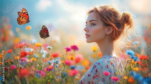Butterflies feeding on blue flowers in a serene garden at dusk