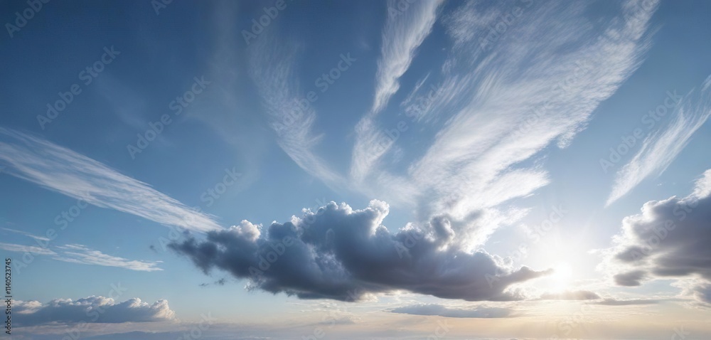Obraz premium wispy blue cirrus clouds against a radiant white sky, lacy, intricate