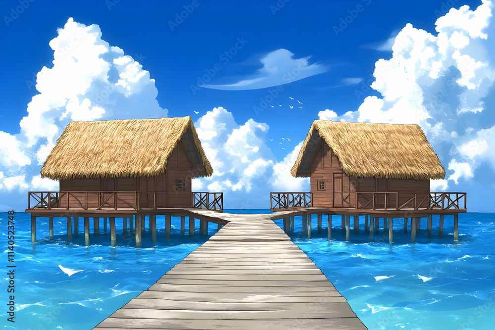 Tropical Island Illustration: Overwater Bungalows