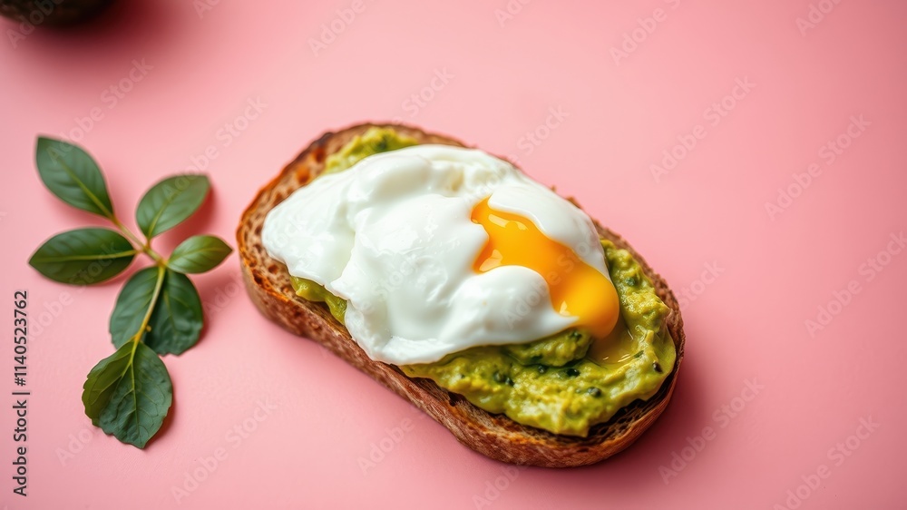 Delicious avocado toast topped with a perfectly poached egg and a vibrant yolk, garnished with fresh green leaves on a pink background. Delicious avocado toast topped with a perfectly poached egg and a vibrant yolk, garnished with fresh green leaves on a pink background.