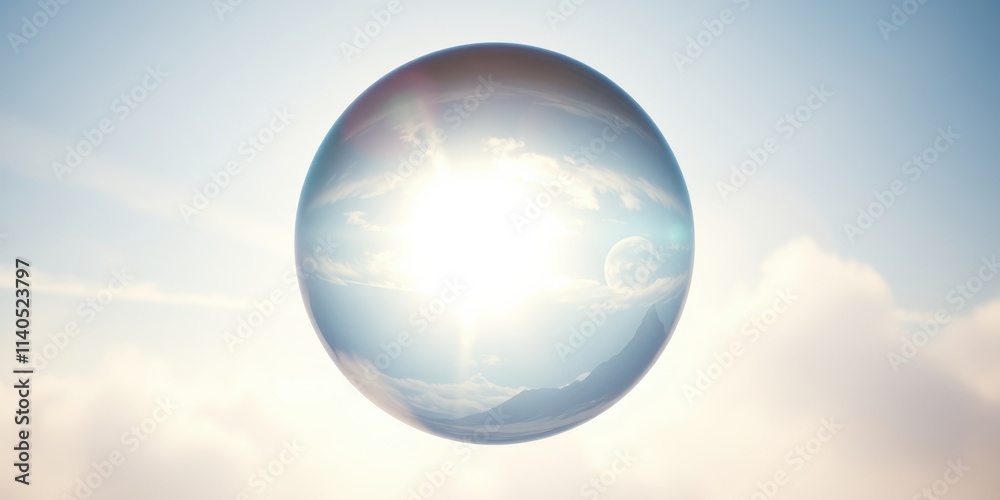 Crystal Sphere Reflecting Sun, Clouds, and Mountains in a Serene Sky Crystal Sphere Reflecting Sun, Clouds, and Mountains in a Serene Sky