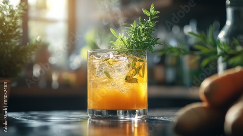 Refreshing cocktail with herbs garnished in a cozy bar setting during golden ...