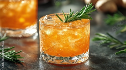 Refreshing cocktail with herbs garnished in a cozy bar setting during golden ...