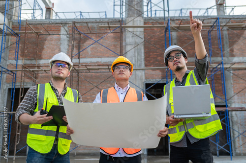 Three Asian engineer working at site of a large building project,Work overtime at construction site,Team of engineer discus at site,The architect, supervisor, and foreman meet to discuss the design