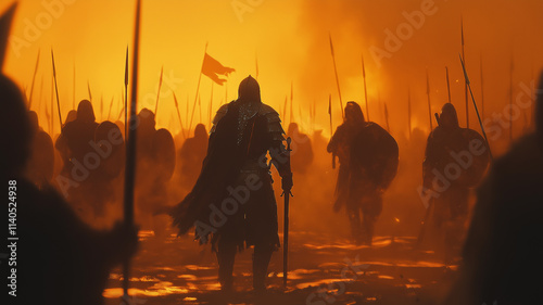 Medieval Army Marching into Battle. Concept of War, Courage, History