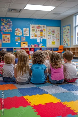 Children engaged in group activity in a colorful classroom environment