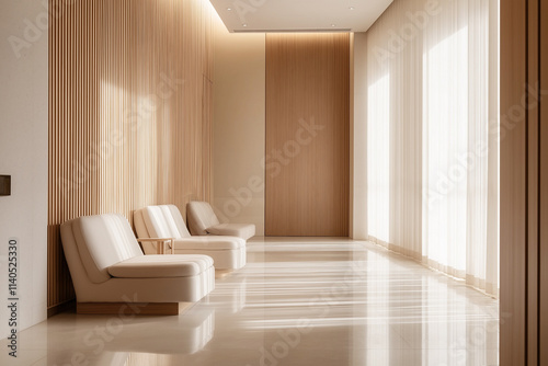 Serene minimalist interior with soft beige tones and natural light. Generative AI